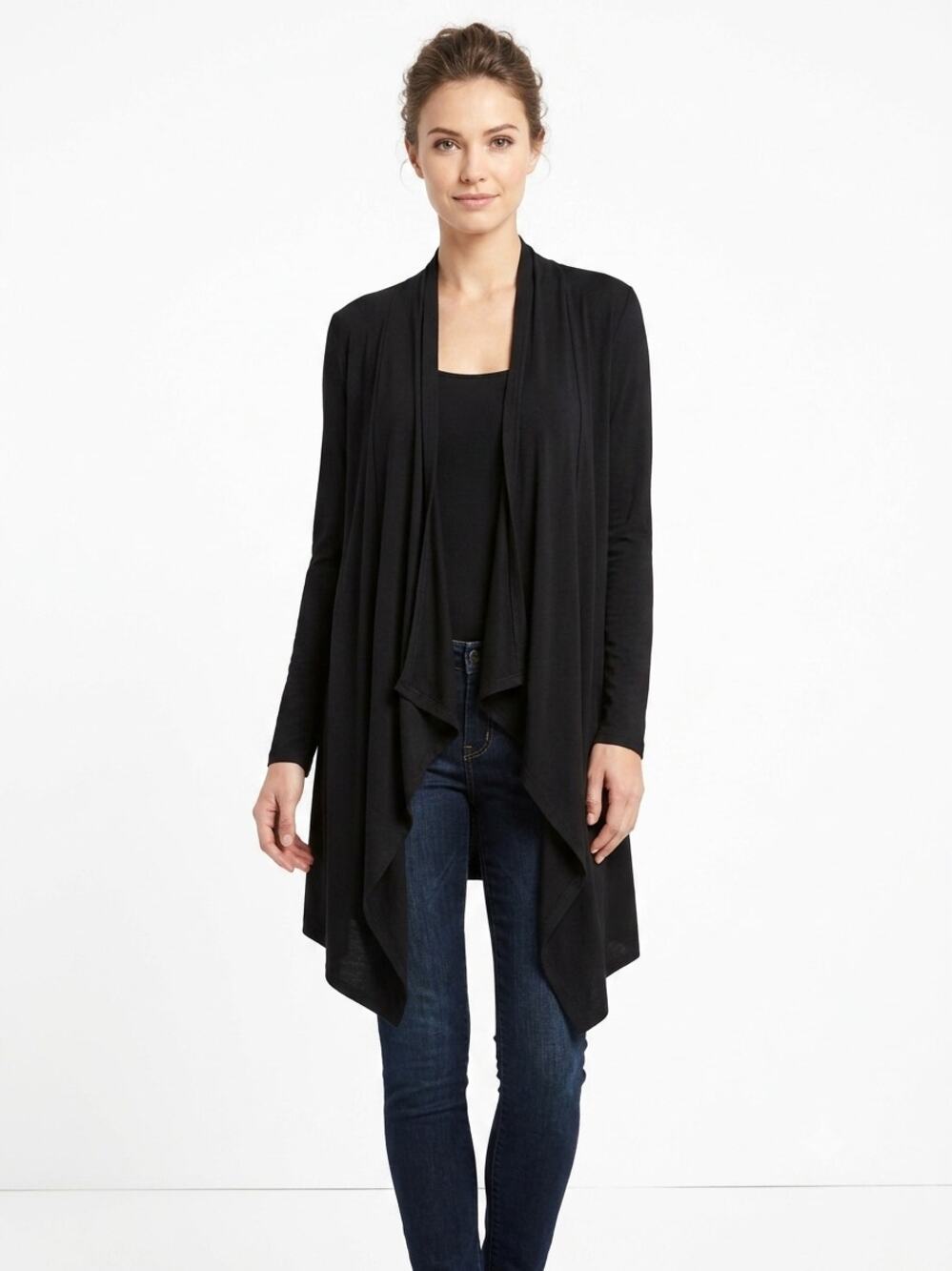 Eileen Fisher Cardigan Jacket Womens XS Black Draped Open Front Asymmetric Hem